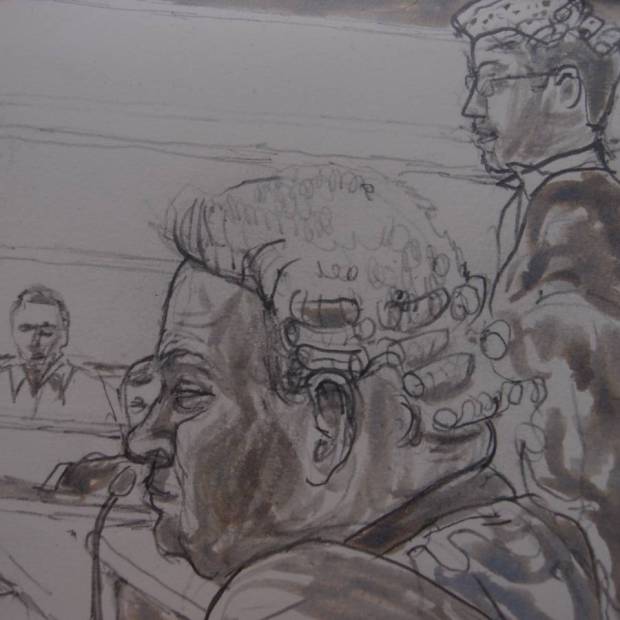 Sketch by Matthew Meadows: Counsels Lofthouse (front) & Wainright (back) at Woolwich Crown Court