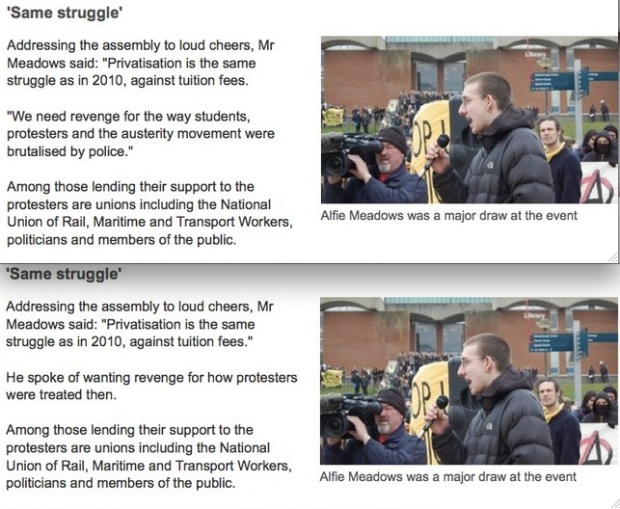 Captured: screen shots before and after the BBC controversially changed Alfie Meadow's quote